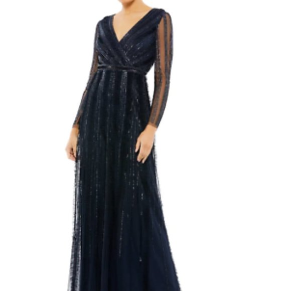 MAC DUGGAL ILLUSIONS A-LINE LONG SLEEVE MIDNIGHT NAVY GOWN sz 12 - Picture 2 of 7